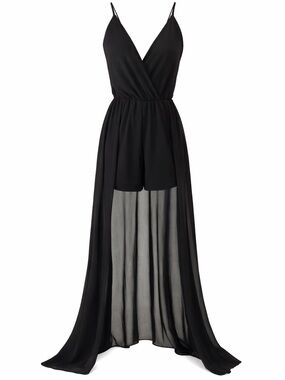 Black high low romper sheer back flowy overlay v neck minimalist medium